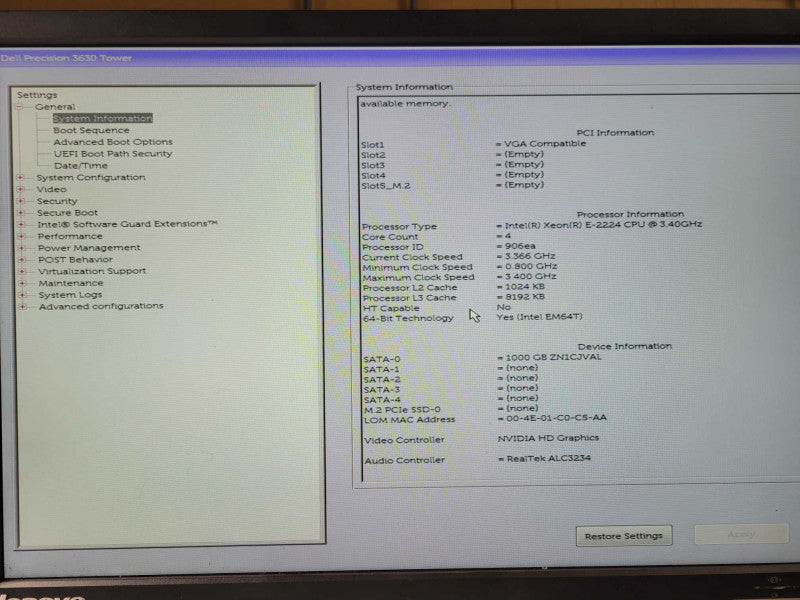 Dell precision 3630 tower Xeon E-2224 3.4GHz, 32GB DDR4, 1TB HDD, No GPU _