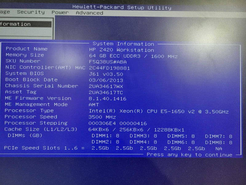 HP Z420 Workstation Xeon E5-1650v2 @ 3.20GHz 64GB Ram Quadro K4000 GPU No HDD !