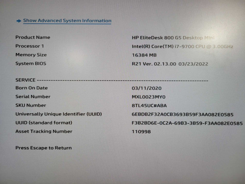 HP EliteDesk 800 G5 SFF i7-9700 CPU @ 3.00GHZ 16GB DDR4 256GB NVme !
