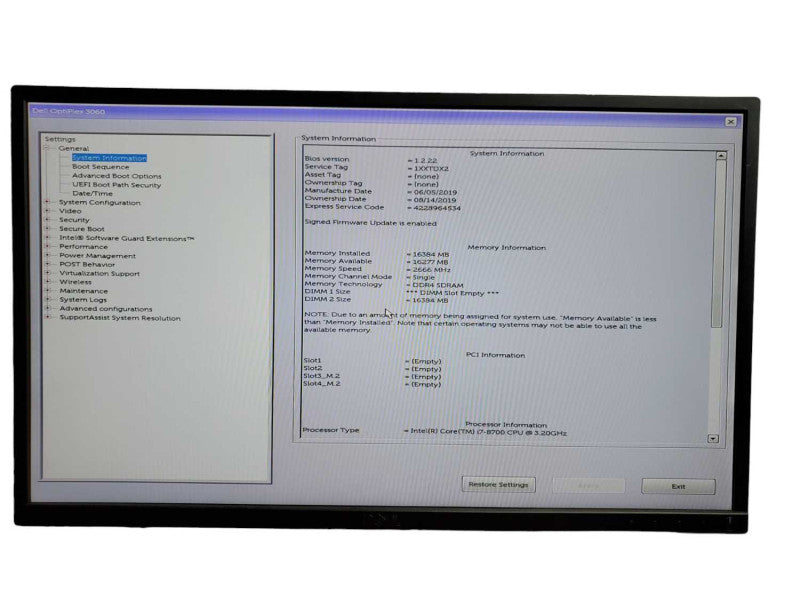 Dell OptiPlex 3060 SFF Intel i7- 8700 CPU @ 3.20GHz 16GB Ram NO HDD