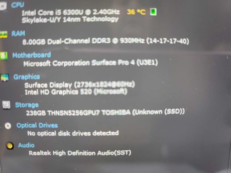 Microsoft Surface Pro 4 (1724) | i5-6300U | 8GB DDR3 | 256GB SSD