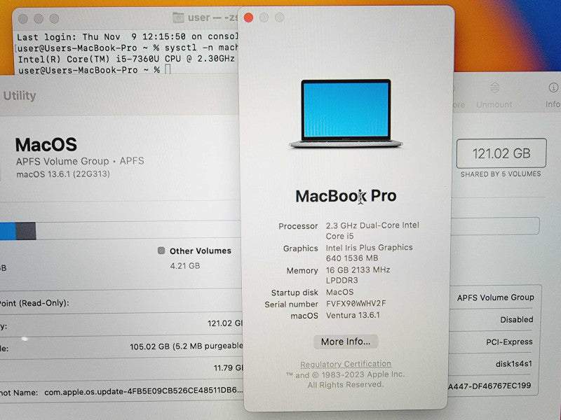 Apple Macbook Pro 2017 13\\" Core i5-7360U @ 2.3GHz 16GB DDR3 120GB SSD (