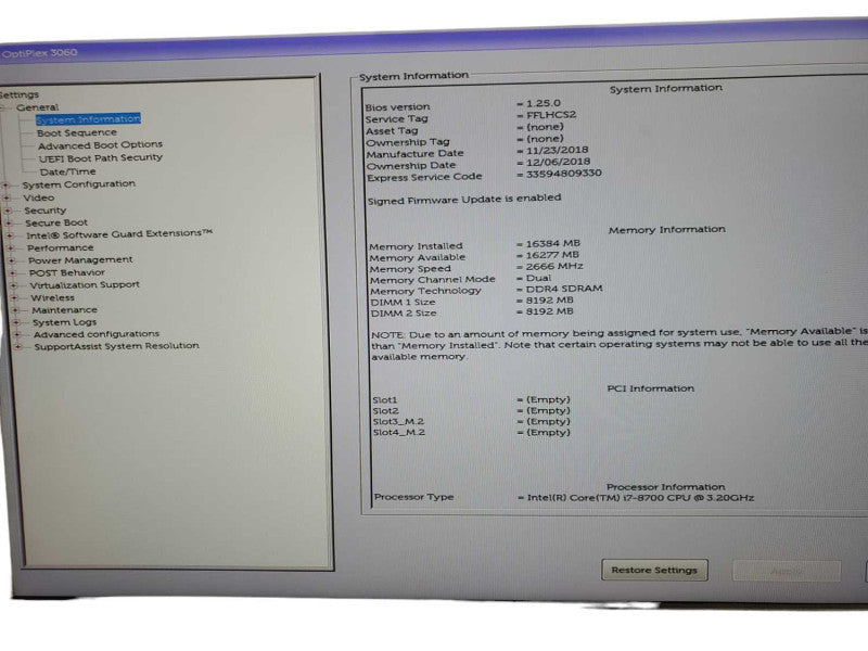 Dell OptiPlex 3060 SFF Intel i7- 8700 CPU @ 3.20GHz 16GB DDR4 Ram NO HDD Q