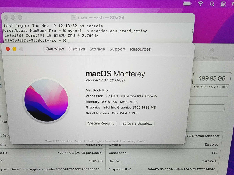 Apple Macbook Pro 2015 13\\" Core i5-5257U @ 2.7GHz 8GB DDR3 500GB SSD [Read] (