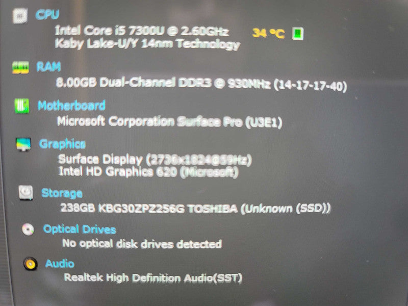 Microsoft Surface Pro 5 1796 | i5-7300U | 8GB DDR3 | 256GB SSD  Î²