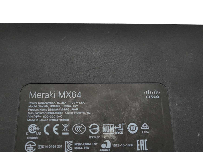 Cisco Meraki MX64-HW Cloud Managed Security Appliance w/ AC Adapter _