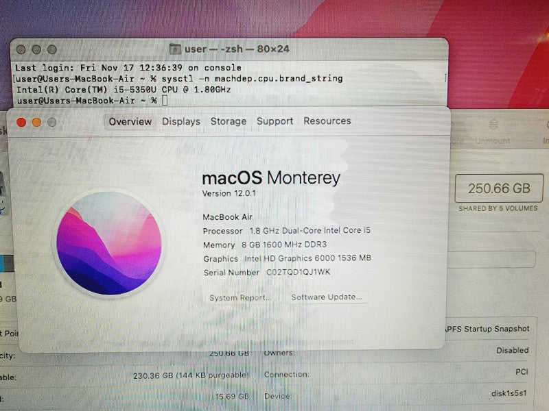 Apple Macbook Air 2017 13\\" Core i5-5350U @ 1.8GHz 8GB DDR3 250GB SSD Q(