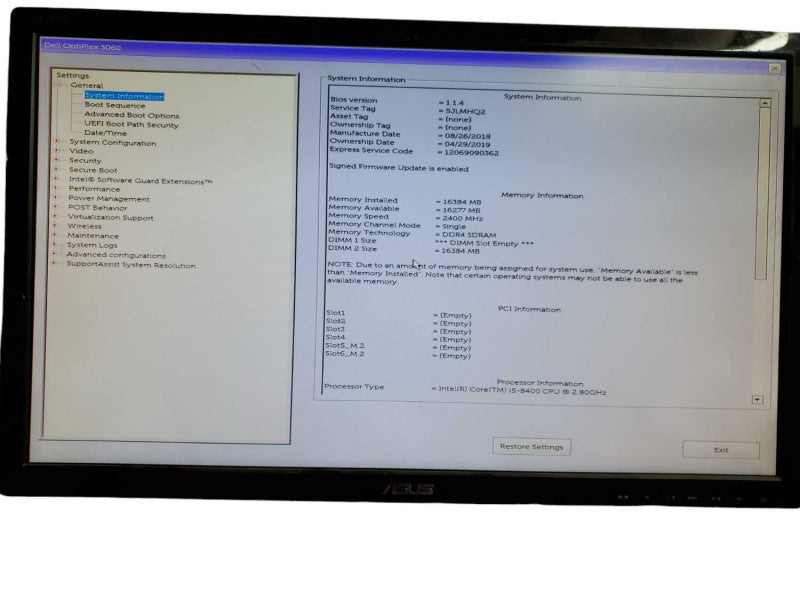Dell Optiplex 3060 Tower i5 - 8400 CPU @ 2.80GHz 16GB DDR4 Ram NO HDD