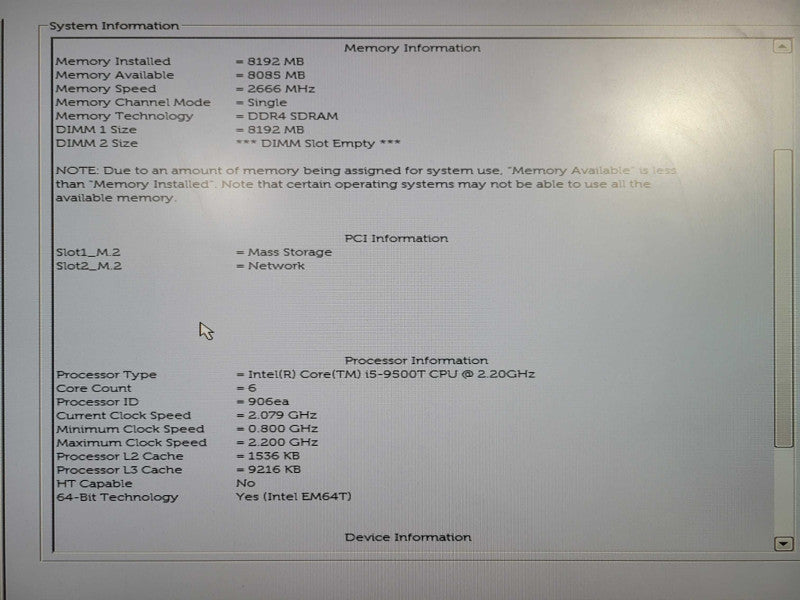 Dell OptiPlex 3070 i5- 9500T CPU @ 2.20GHz 8GB DDR4 Ram 256 M.2 !