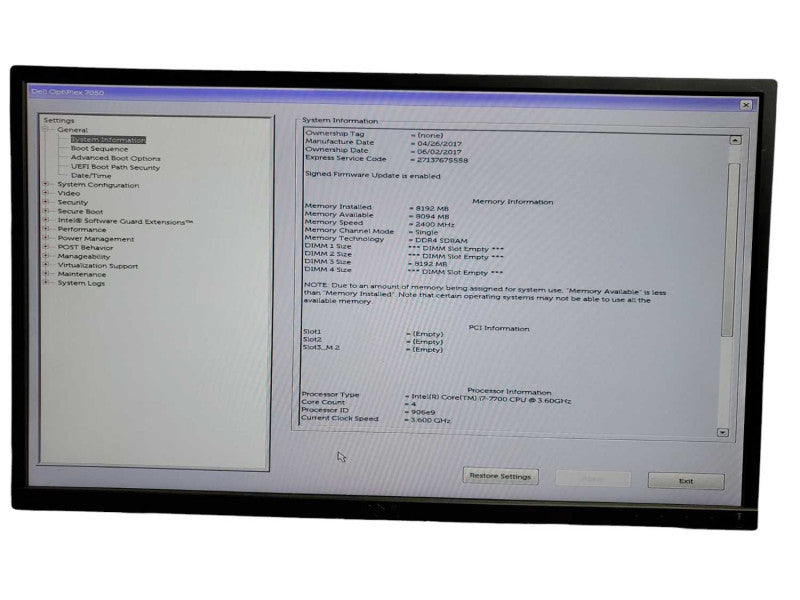 Dell Optiplex 7050 SFF i7- 7700 CPU @ 3.60GHz 8GB DDR4 Ram NO HDD  Q