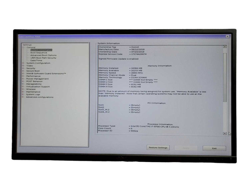 Dell OptiPlex 7060 SFF  Intel i7 - 8700 @ 3.20GHz 16GB DDR4 Ram NO HDD Q