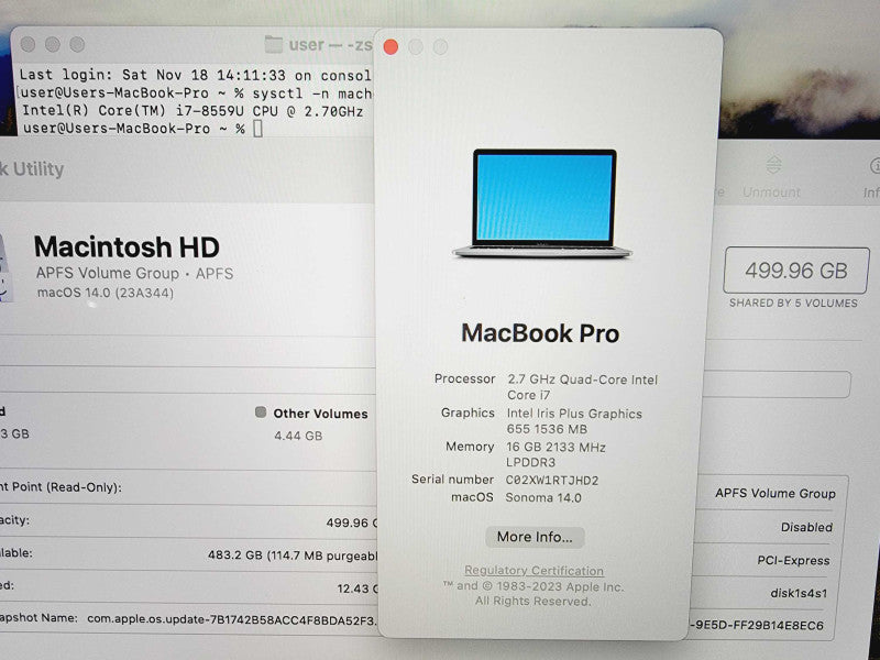 Apple Macbook Pro 2018 13\\" Core i7-8559U @ 2.7GHz 16GB DDR3 500GB SSD [Read] (