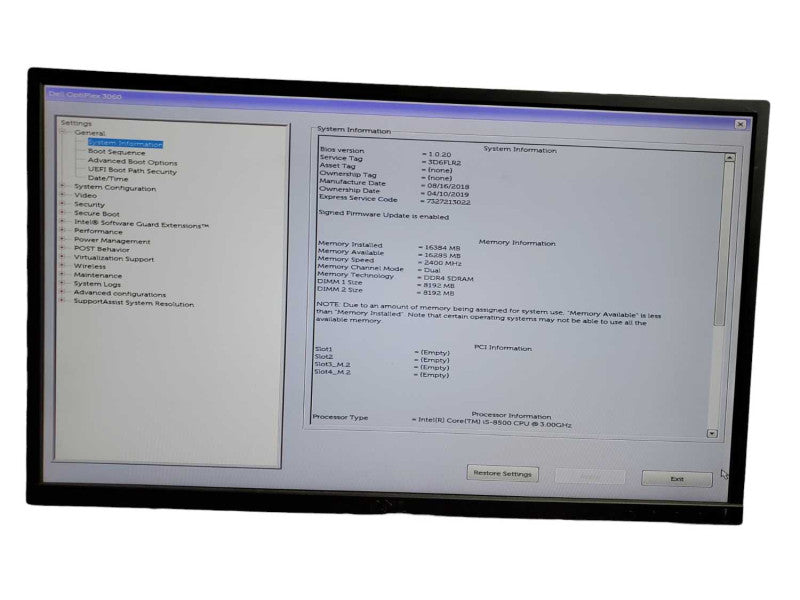 Dell OptiPlex 3060 SFF Intel i5 - 8500 CPU @ 3.00GHz 16GB DDR4 Ram NO HDD Q