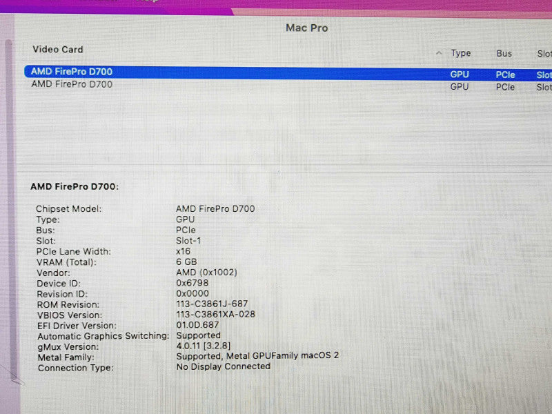 Apple Mac Pro 2013 Xeon E5-2697 v2 @ 2.7GHz 8GB DDR3 250GB SSD 2xFirePro D700 (