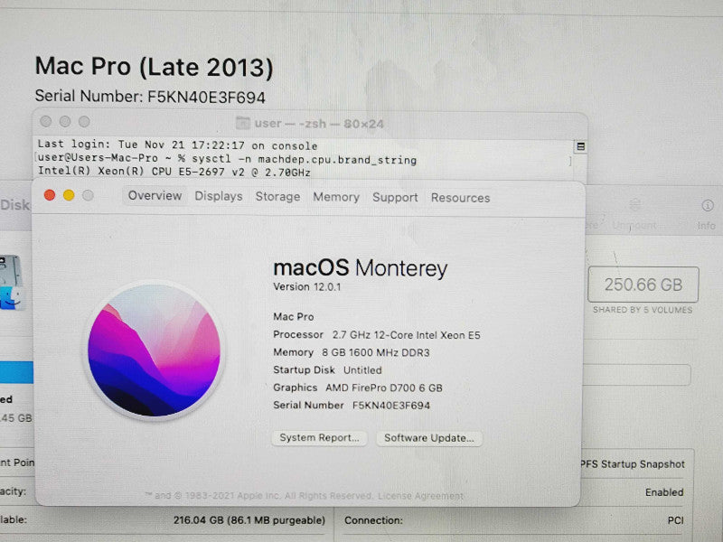 Apple Mac Pro 2013 Xeon E5-2697 v2 @ 2.7GHz 8GB DDR3 250GB SSD 2xFirePro D700 (