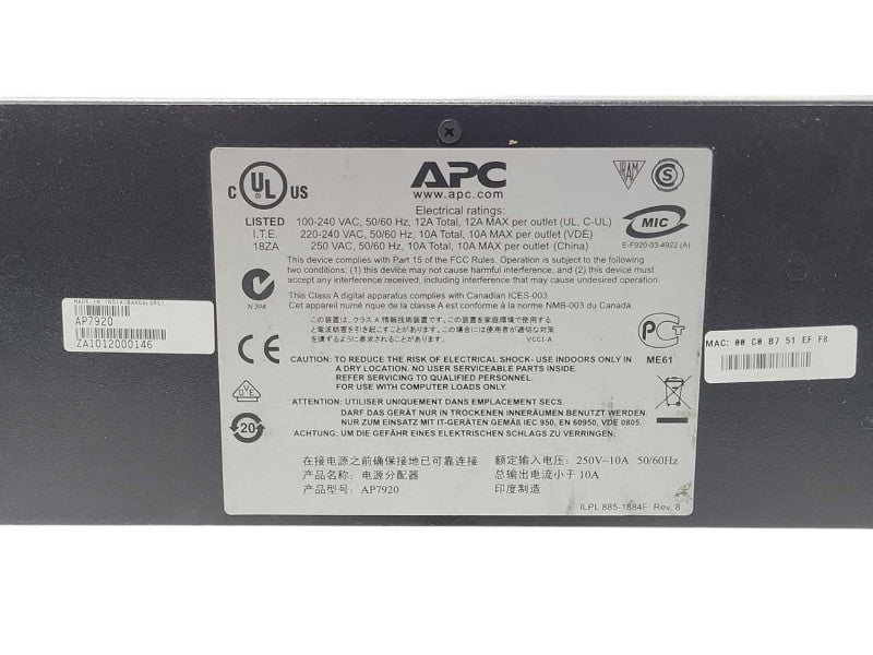 APC AP7920 Switched Rack PDU 1U 10A/230V 8 Outlet _