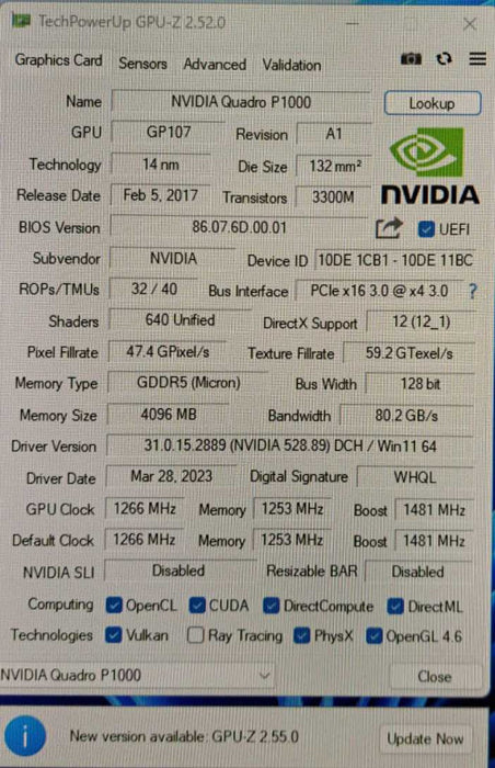 NVIDIA Quadro P1000 4GB GDDR5 PCI GPU 4x Mini DisplayPort )