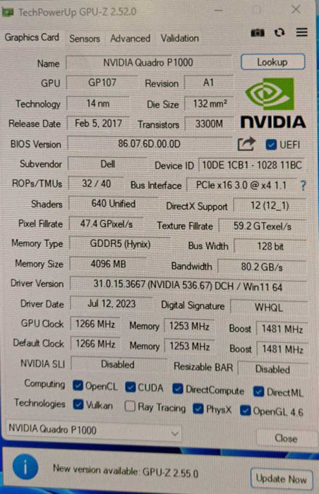 NVIDIA Quadro P1000 4GB GDDR5 PCI GPU 4x Mini DisplayPort Low Profile )