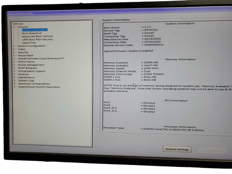 DELL Optiplex 3070 SFF Core i5- 9500 3.00GHz 16GB NO HDD Q