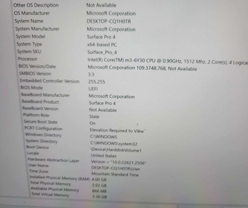Microsoft Surface Pro 4 Core m3-6Y30 0.9GHz, 4GB RAM, 128GB SSD READ Q_