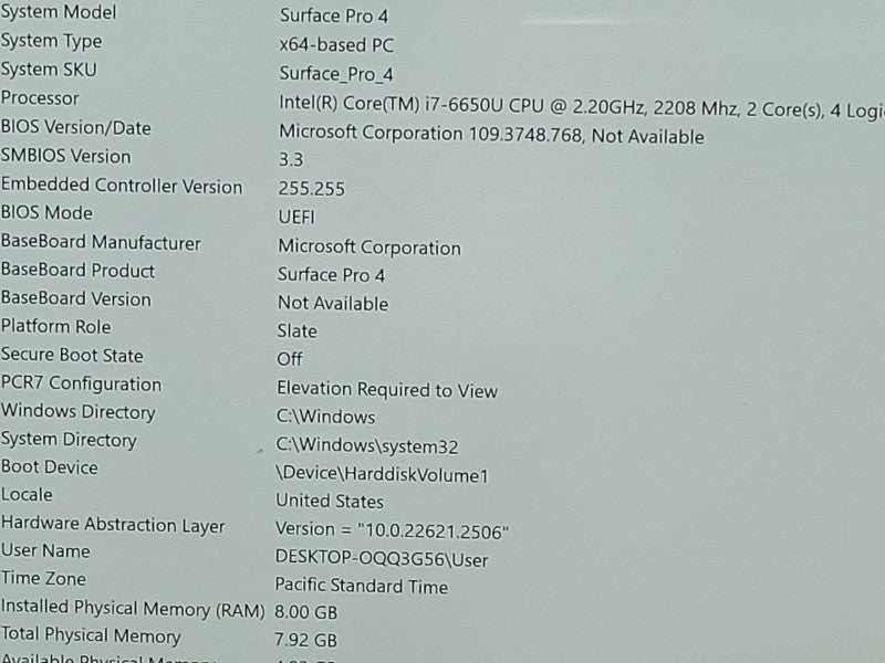Microsoft Surface Pro 4 Core i7-6650U 2.2GHz, 8GB GB 256GB SSD READ _