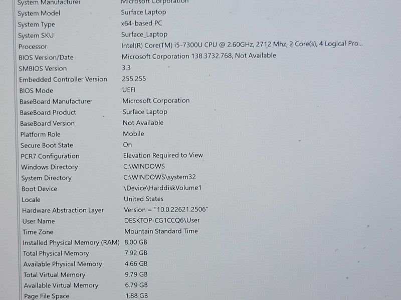 Microsoft Surface Laptop 1769 Core i5-7300U 2.6GHz, 8GB, 256GB SSD, READ _