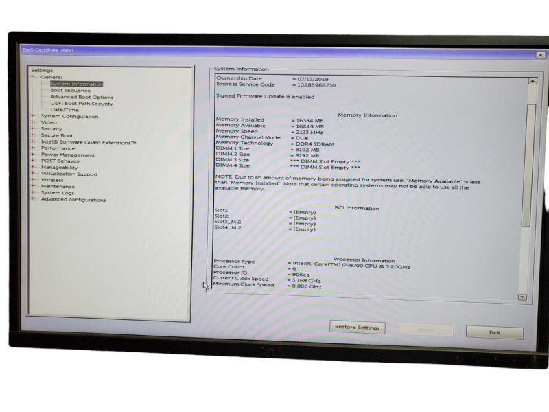 Dell OptiPlex 7060 i7 - 8700 CPU @ 3.20GHz 16GB Ram  NO HDD