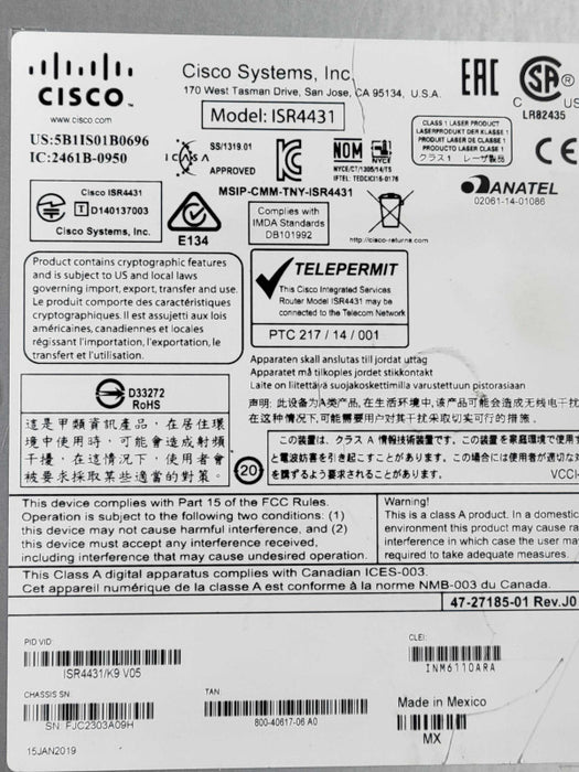 Cisco ISR 4400 Series ISR4431/K9 V01 Port Gigabit Router, 1x PSU _