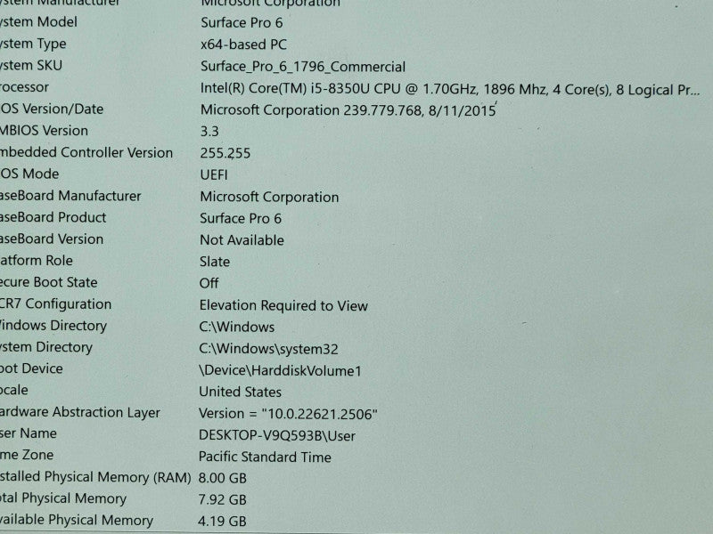 Microsoft Surface Pro 1796 Core i5-8350U 1.7GHz, 8GB RAM 256GB SSD  _