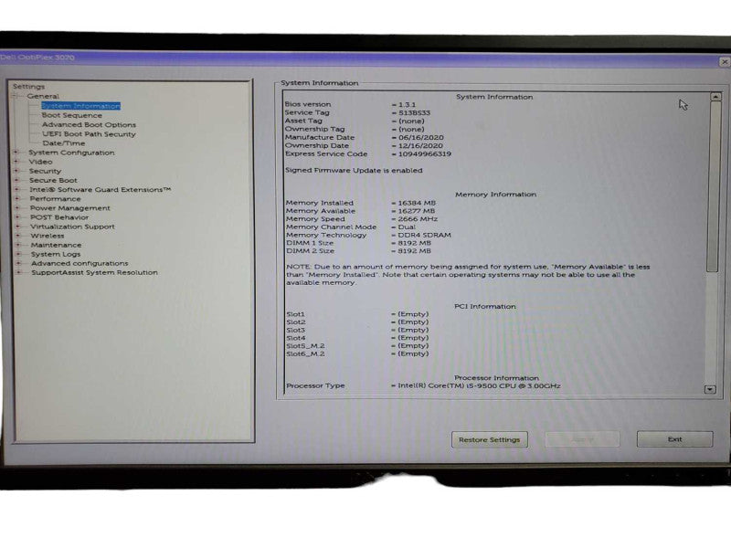 Dell OptiPlex 3070 SFF i5 - 9500 CPU @ 3.00GHz 16GB DDR4 Ram NO HDD Q