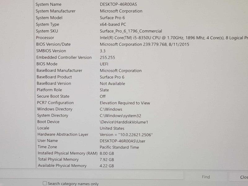Microsoft Surface Pro 1796 Core i5-8350U 1.7GHz, 8GB RAM 256GB SSD _