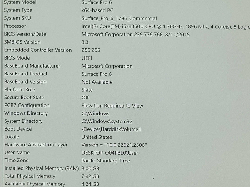 Microsoft Surface Pro 1796 Core i5-8350U 1.7GHz, 8GB RAM 256GB SSD, SEE _