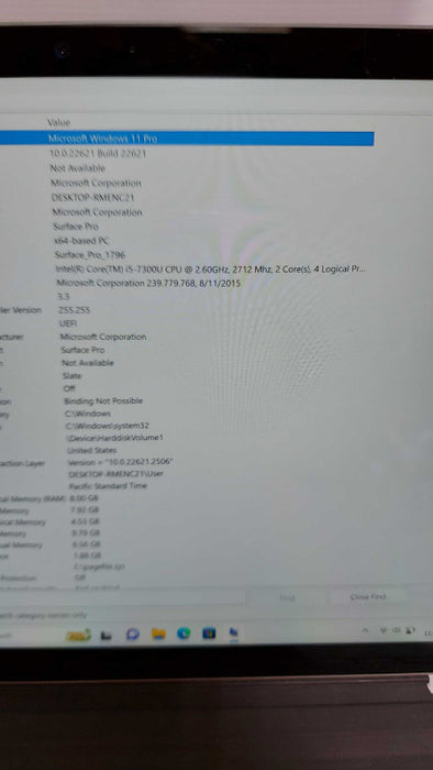 Microsoft surface pro 1796 i5-7300U 2.712ghz / 8gb ram / 256gb ssd / READ #