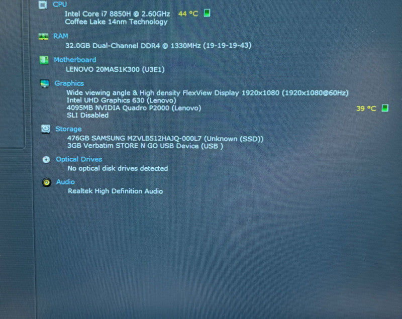 Lenovo ThinkPad P52 Core i7-8850H@2.6GHz QUADRO P2000 4GB GPU 32GB RAM 512SSD