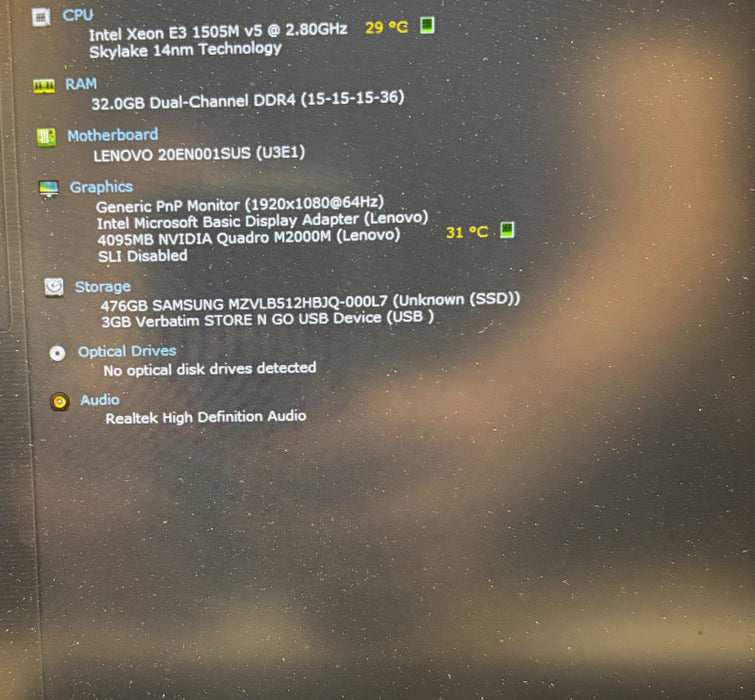Lenovo ThinkPad P50 XEON E3-1505M@2.80 GHz QUADRO M2000M 4GB GPU 32GB 512SSD