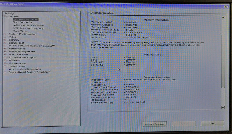 Dell OptiPlex 3060 SFF i3-8100 @ 3.60GHz 8GB DDR4 No HDD/OS )