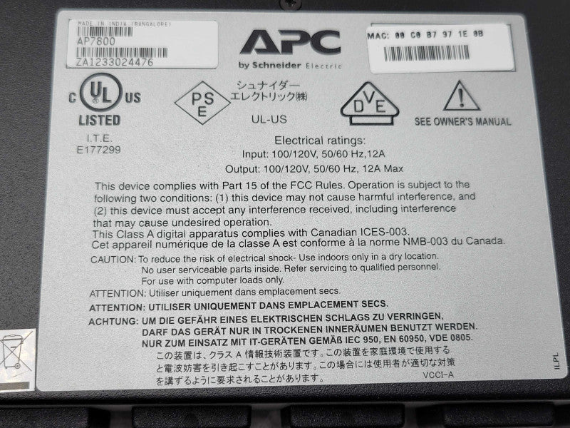 APC AP7800 Metered 1U PDU 12A 100/120V Power Distribution unit _