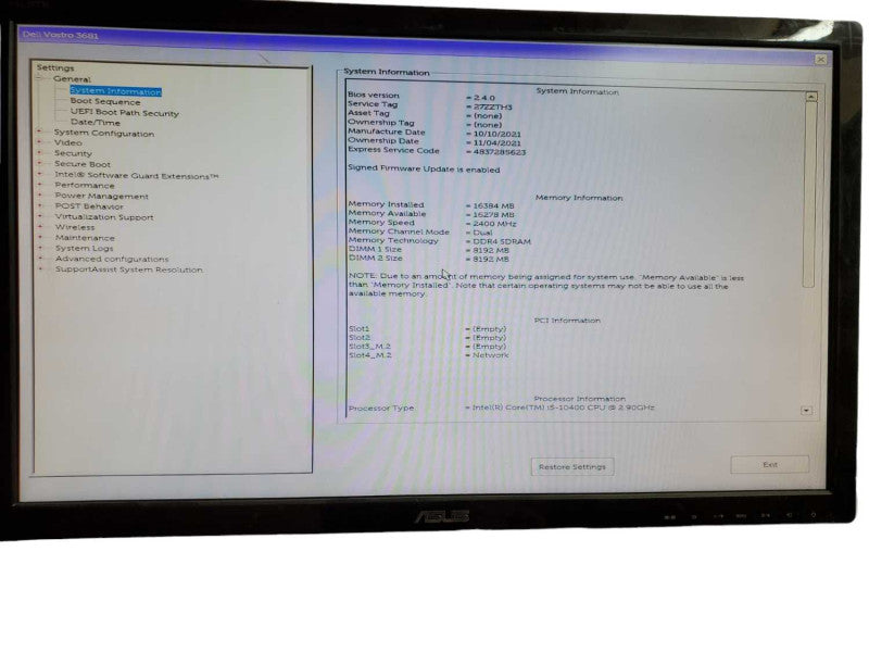 Dell Vostro 3681 PC SFF i5 -10400 CPU @ 2.90GHz 16GB DDR4 Ram NO HDD  Î¸
