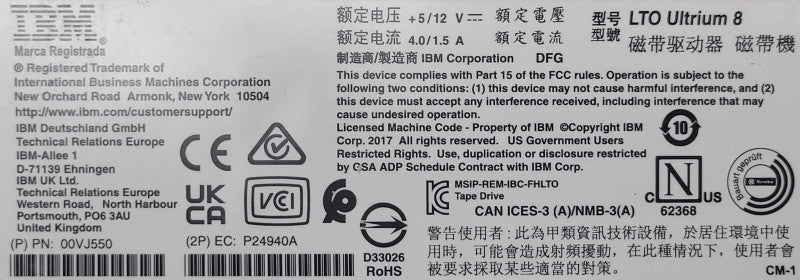 IBM 3588-F8C LTO Ultrium 8 (LTO-8) FC Tape Drive 00VJ550/00VJ551 Q_