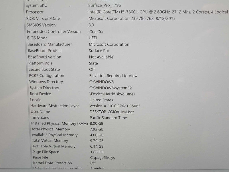 Microsoft Surface Pro 1796, Core i5-7300U 2.6GHz, 8GB, 256GB SSD, w/ PWR Q_