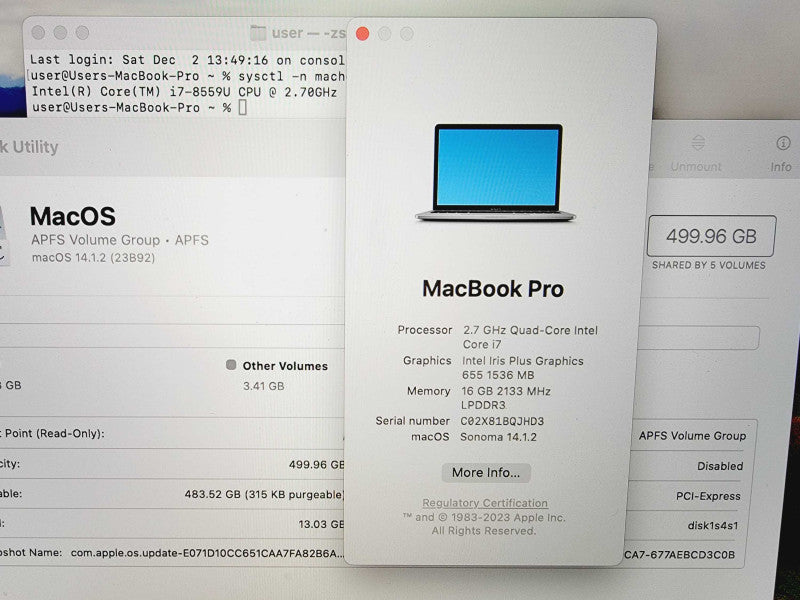 Apple Macbook Pro 2018 13\\" Core i7-8559U @ 2.7 GHz 16GB DDR3 500GB SSD (
