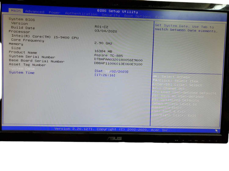 Custom PC Acer Aspire TC - 885  Intel Core i5 -9400 16GB DDR4  NO HDD QÎ¸