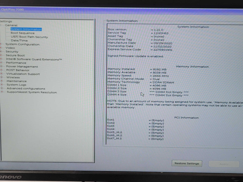Dell OptiPlex 7080, Core i5-10600 3.3GHz, 8GB DDR4 250GB SSD, READ _