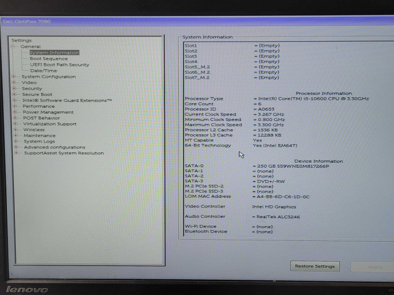 Dell OptiPlex 7080, Core i5-10600 3.3GHz, 8GB DDR4 250GB SSD, READ _
