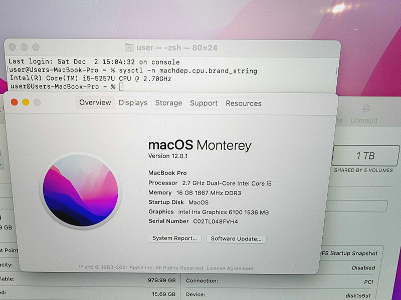 Apple Macbook Pro 2015 13\\" Core i5-5257U @ 2.7GHz 16GB DDR3 1TB SSD (