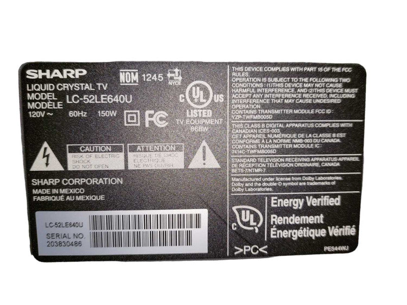 Sharp Liquid Crystal TV 52\\" Model LC-52LE640U Q?