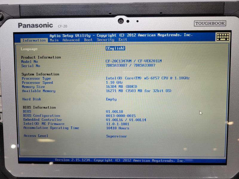 Panasonic Toughbook CF-20 - Core m5-6Y57 | 16GB RAM | NO SDD |10410 HRS %