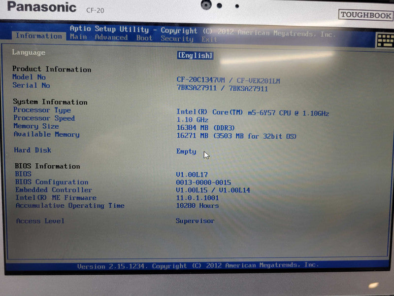 Panasonic Toughbook CF-20 - Core m5-6Y57 | 16GB RAM | NO SDD |10280 HRS % %