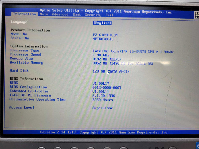 Panasonic Toughbook FZ-G1 | Core i5-3437U | 8GB RAM | 128GB SSD | 3250 HRS % %