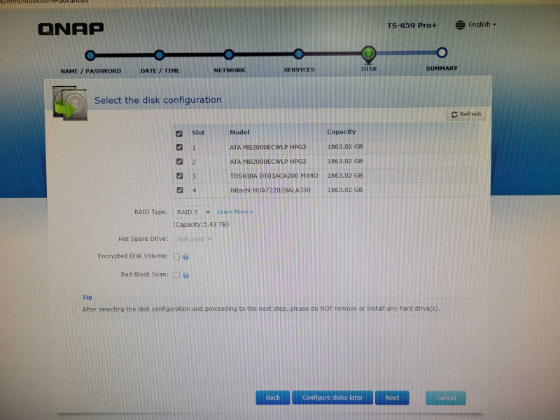QNAP TS-659 Pro+ 6 Bay NAS, Intel Atom CPU, 4x 2TB HDDs, Factory reset _